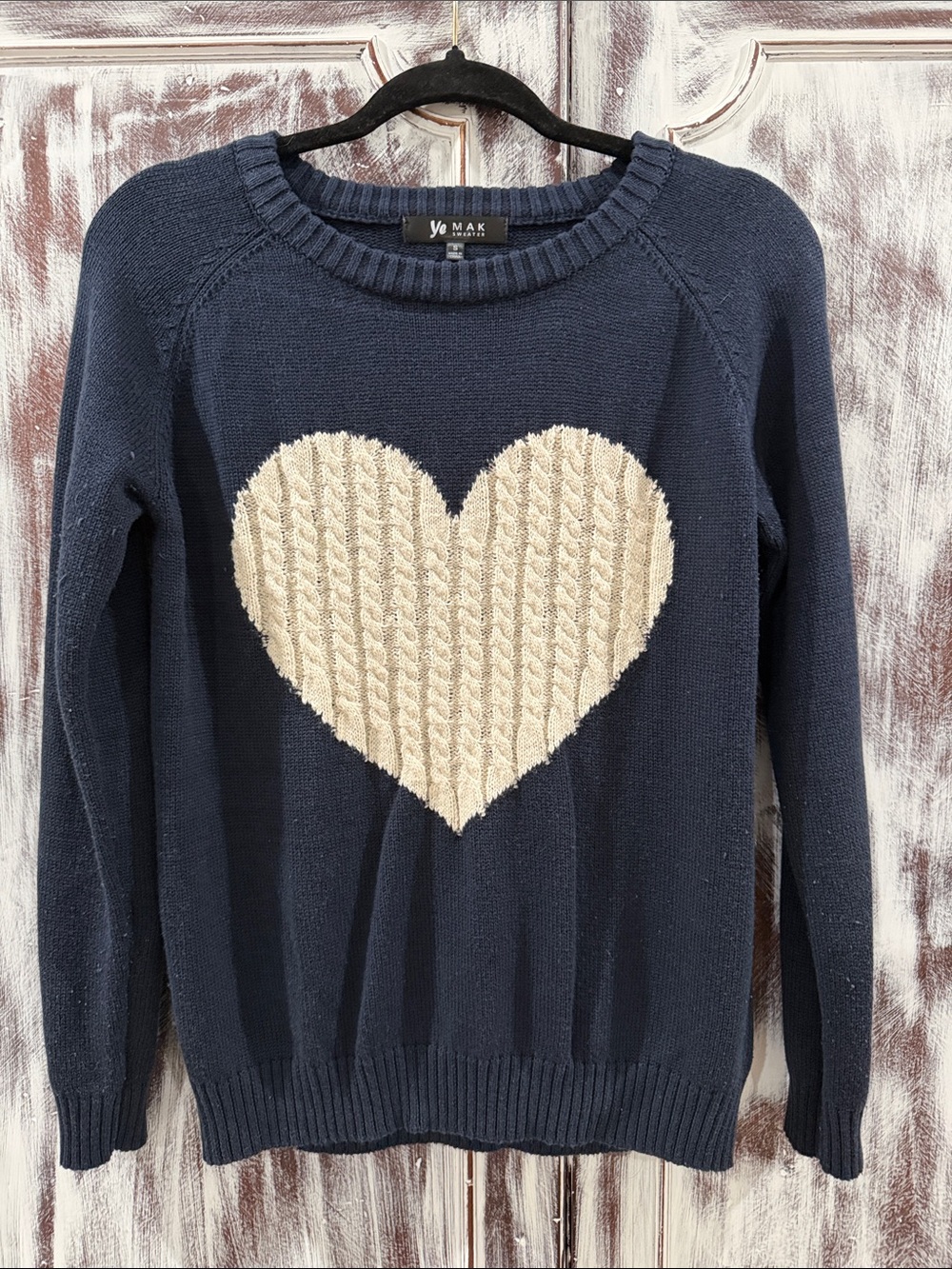 Navy Sweater with Cream Heart - Women's Knit Pullover